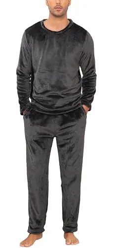 Lovasy Pijama Hombre Invierno Polar Manga Larga,Gris,S | Manga Larga y Cuello Redondo Pijamas para Hombre de Franela Cálido
