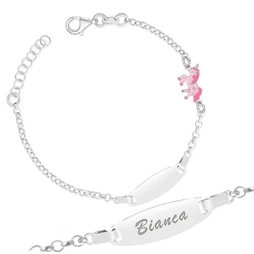 Sakrami Pulsera de Plata de Ley 925 + Placa Personalizable con Nombre + Corazón Esmaltado Rosa + Idea de Regalo para Niña + Pulsera Dulce para Nacimiento, Bautizo, Comunión, Cumpleaños