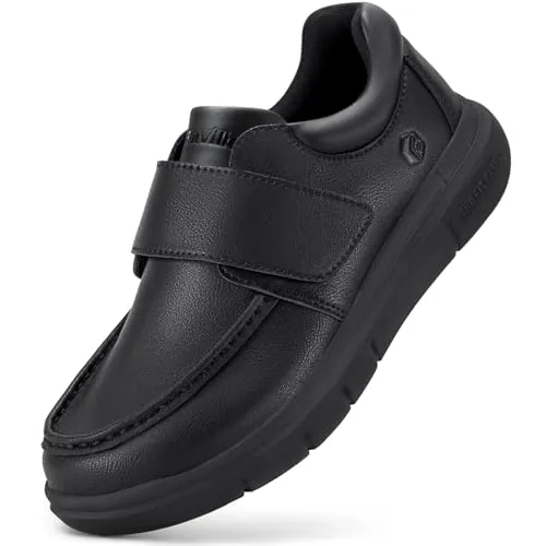 FitVille Zapatos Casual para Hombre Extra Anchos - Mocasines de Piel Sintética con Cierre de Gancho y Bucle Negro 44.5 EU