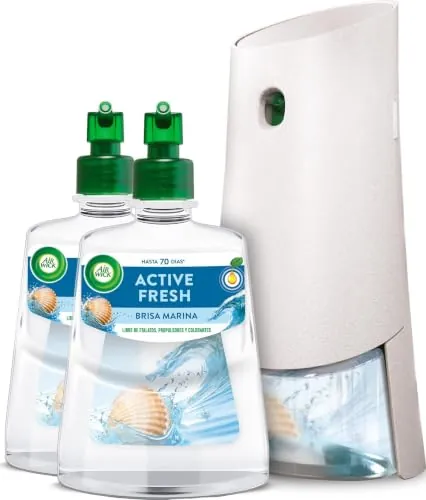 Air Wick Active Fresh Spray Automático Sin Aerosol, Ambientador Hogar Fragancia Brisa Marina, 1 Aparato, 2 Recambios, Neutralizador de Olores, hasta 70 Días de Frescor
