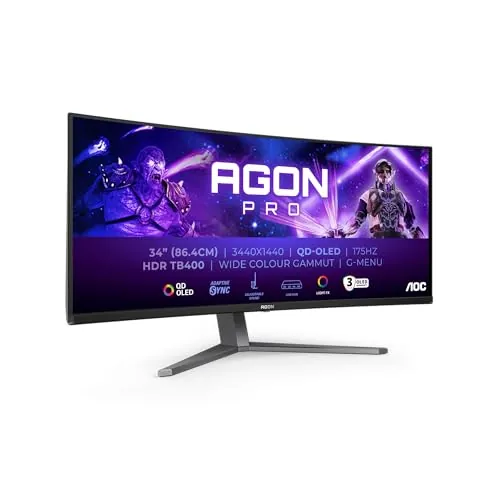 AOC AG346UCDAM Gaming Monitor 34 Pulgadas 175Hz Panel QD-OLED, 0.03ms GtG, HDR400 TrueBlack, Adaptive Sync, G-Sync Comp., Altavoces, Altura Ajustable, (3440x1440 HDMI 2X 2.0 DP 1x 1.4 USB Hub) Negro