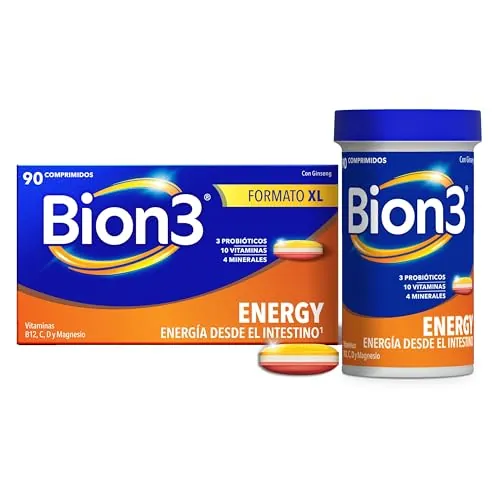 Bion3 Energy Comprimidos Multivitamínicos con Probióticos, Complemento Alimenticio para Energía Física y Mental¹ y Reducción de Fatiga¹, Magnesio, Vitamina C, D, Complejo B, y Ginseng, 90 comprimidos