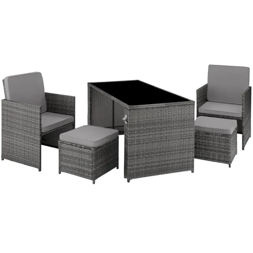 tectake® Conjunto Jardín Exterior de Ratán y Acero, Muebles Jardín Exterior Resistente a la Intemperie, 2 Sillones Plegables, 2 Taburetes, 1 Mesa con Cristal, con Cojines y Abrebotellas - Gris