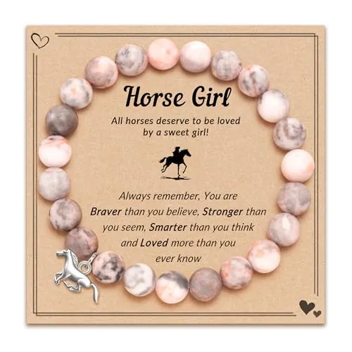 LunarCharm Pulsera con colgante de caballo de piedra natural rosa, pulsera con colgante de caballo para niñas, regalo para niñas, hija, sobrina, nieta, amante de los caballos, L, Piedra