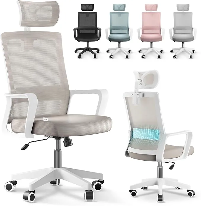 JUPPLIES Silla Escritorio Ergonomica - Silla Oficina Ajustable y Reclinable con Soporte Lumbar, Reposacabezas Ajustable, Malla Transpirable, Ruedas Giratorias 360° Soporta hasta 120kg (Beige)