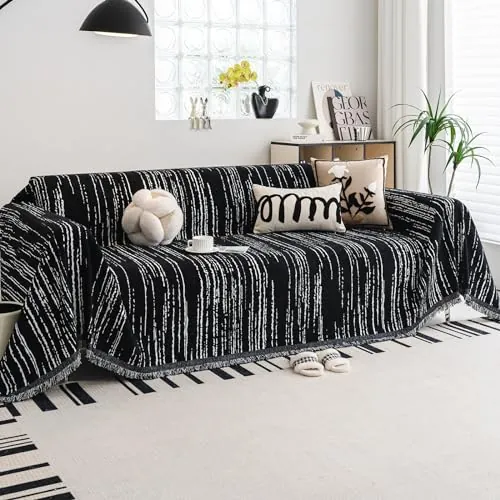 WEYOND Funda de Sofá de 2/3/4 Plazas, Cubre Sofá, 180 x 260 cm, Negro | Sofa Cover Antideslizante y Antimanchas, Protector de Sofá para Gatos y Perros, Manta Multiusos para Sofás Con flecos