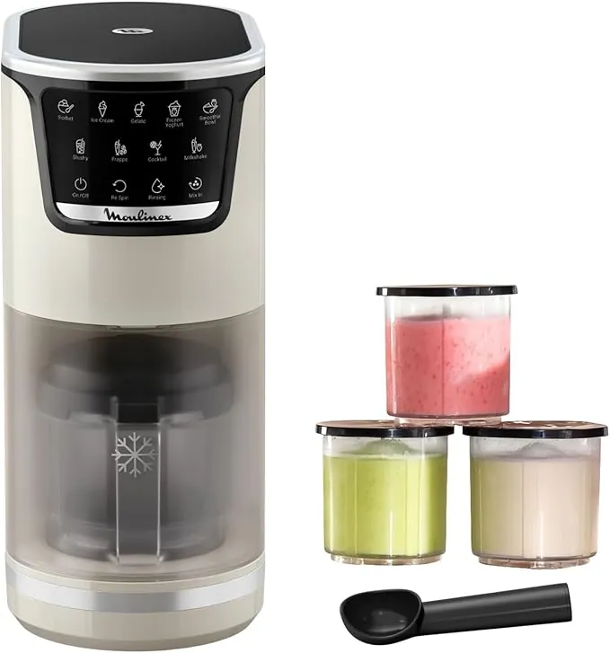Moulinex Dolci, Heladera, 10 programas en 1, Limpieza con aclarado automático, Tecnología 1 Step Perfector, Hasta 1,4L de helado con los 3 boles de Tritan, Incluye cuchara helado, Blanca, MJ604AF0