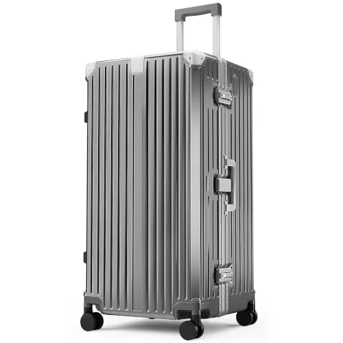ALPHA CAMP Maleta Grande 42x36x82CM, Policarbonato y Aluminio Maleta XXL Gris Viaje TSA Candado Maleta Rígida con Ruedas Giratorias Silenciosas 105L Maleta Impermeable Mango Telescópico