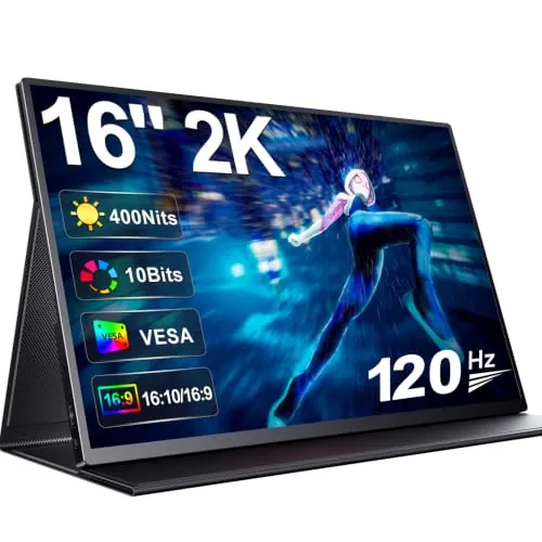 UPERFECT 2K 120Hz 16 Pulgadas Monitor Portátil 2560 * 1600 2000:1 Contraste 400 Nits Display IPS Mini HDMI USB C para PC Laptop Smartphone Xbo Switch PS-4/5, Pantalla Móvil Compatible VESA