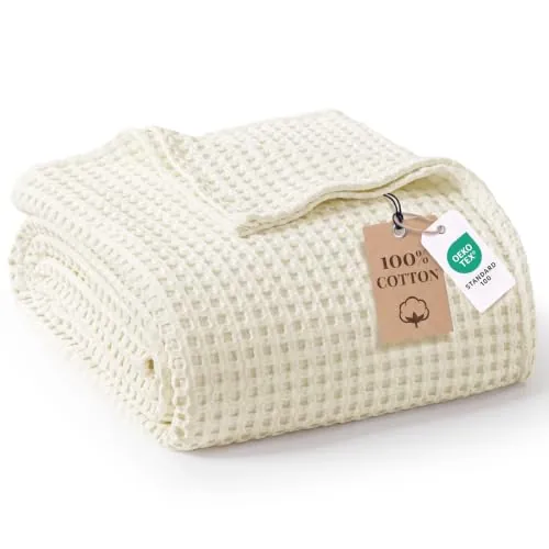Exclusivo Mezcla Manta para Cama de Verano de 100% Algodón, Manta para Sofá de Gofre, Colcha Multiusos Ligera y Transpirable, Lavable a Máquina y Secable, 150 x 200 cm, Marfil