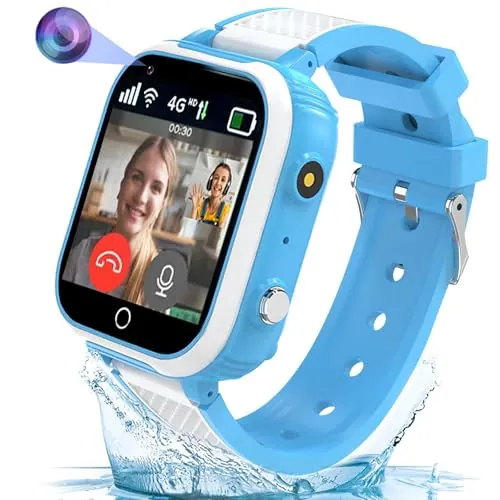 Olivfant Reloj Inteligente Niño 4G, Smartwatch Niños con Videollamada Chat GPS Localizador y Llamadas SOS, Juego Cámara Despertador Impermeable Modo Clase,Regalos para Niñas Niños Azul