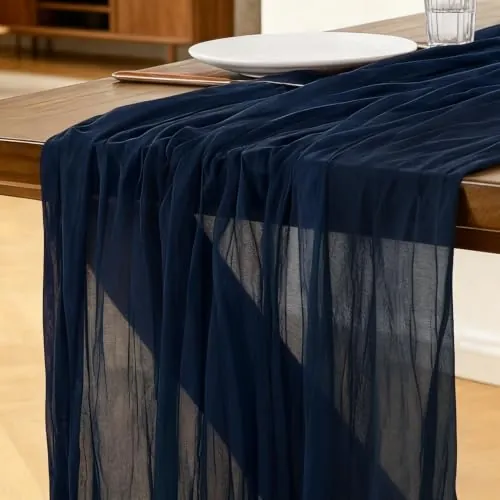 Camino de Mesa Azul Marino, 300 X 90 CM Camino de Mesa de Gasa Bohemio para Bodas, Fiestas, Navidad Nochevieja, Baby Showers y Despedidas de Soltera, Decoración de Mesa de Cocina