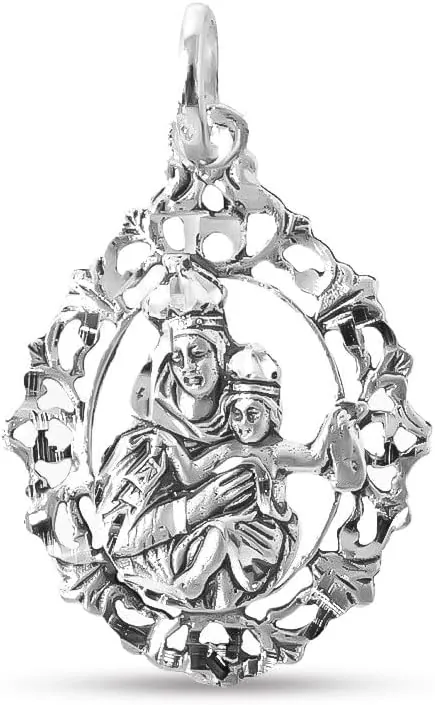 Virgen del Carmen Medalla Plata Ley 925m maciza 30mm. ovalada cerco calado