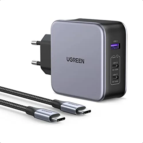 UGREEN Nexode 140W Cargador USB C Rápido GAN PD 3.1, Adaptador de Corriente 3 Puertos con 240W Cable Type C 1,5M Compatible MacBook, iPad, iPhone 16/15/14, Galaxy S23/S22/S21
