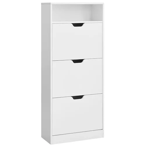 VASAGLE Zapatero 3 Compartimientos, Zapatero con Puerta Abatible, Organizador de Zapatos, Estante, División Ajustable, 14-18 Pares de Zapatos, Pasillo, 24 x 60 x 139 cm, Blanco Nube LBC046W01
