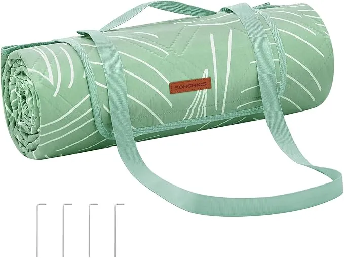 SONGMICS Manta de Picnic, 300 x 200 cm, con 4 Estacas de Suelo, Manta Grande, para Camping, Parque, Jardín, Playa, Impermeable, Lavable a Máquina, Plegable, Motivo de Hojas y Verde Menta GCM310C03