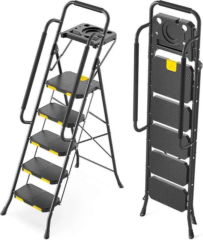 KINGRACK Escalera de Tijera 5 Peldaños Plegable con Pasamanos de Seguridad y Bandeja de Herramientas, Escalera Doméstica con Gran Pedal Antideslizante, Uso Hogar Cocina Despensa Armarios Oficina