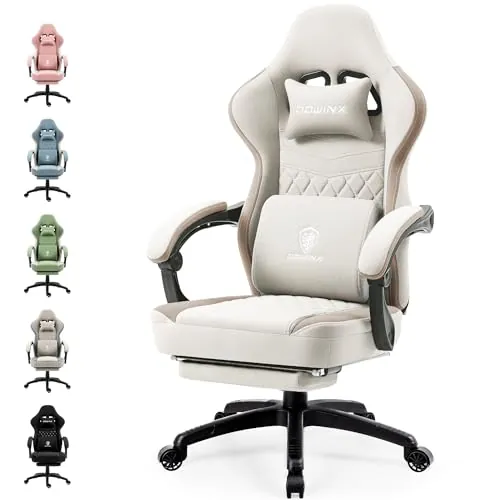 Dowinx Silla de Gaming de Tela, sillón de Masaje con reposapiés, Silla ergonómica de PC, Silla de Oficina, 150 kg, Reposapiés estándar/Beige