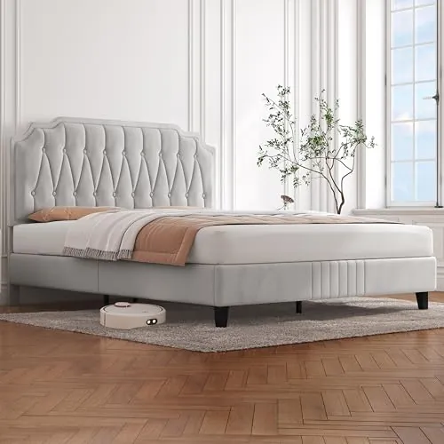Yaheetech Cama Tapizada en Terciopelo Cama Matrimonio 140×200cm Color Beige | Cabecero Ajustable en Altura Marco de Cama de Metal con Somier de Listones de Madera para Dormitorio Fácil Montaje