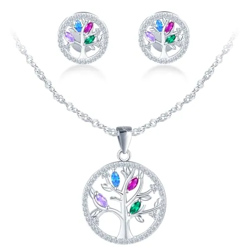 MICMIF Collar y Pendientes Árbol de la Vida con Circonitas Colores para Mujer, Juegos de Joyas de Plata de Ley 925, Conjuntos de Joyas Aretes y Collar para Mujeres Novia Esposa Mamá