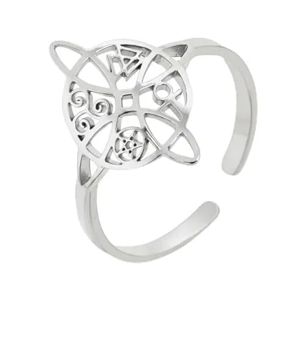 Only faith Anillo Nudo de Bruja para Mujer Pentagrama Cruz Egipcia Ajustable de Acero Inoxidable Trisquel Talisman Celta Magico Protector (Nudo de Bruja Druida Plateado)