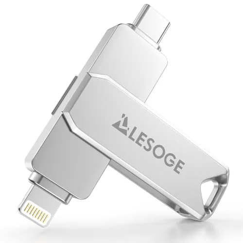 LESOGE MFi – Memoria USB C 128GB para iPhone y Android, Memoria Externa iPhone 3 en 1, Memoria USB 3.0, pendrive USB-C para Fotos y vídeos (Plata)