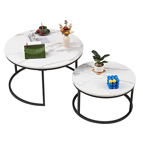 Soayone - Juego de 2 mesas de café Redondas de mármol Blanco con Estructura de Metal Negro, Mesa Auxiliar Redonda para salón, Dormitorio, balcón