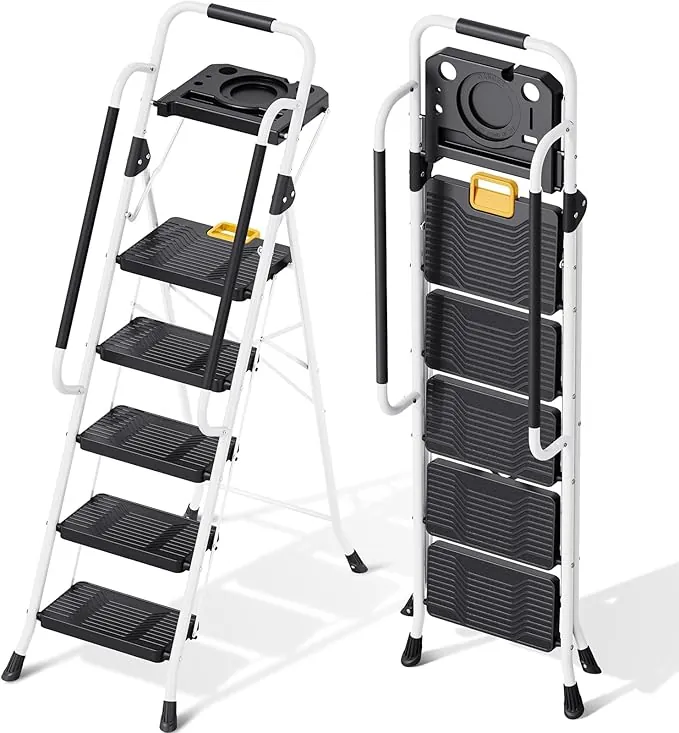 KINGRACK Escalera Plegable 5 Peldaños, Carga hasta 150 kg, con Bloqueo de Seguridad, Pedales Anchos Antideslizantes, Pasamanos, Bandeja de Herramientas Escalera Doméstica Hogar Oficina Armarios Blanco