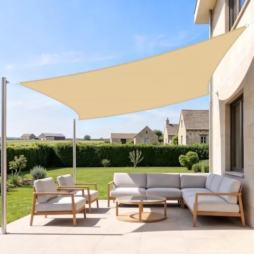 SUNNY GUARD Toldo Vela de Sombra Rectangular Impermeable 4x5 Arena | Prueba de Viento,Con 95% de Protección UV,Para Patio,Jardín,Exterior,Terraza y Balcón.