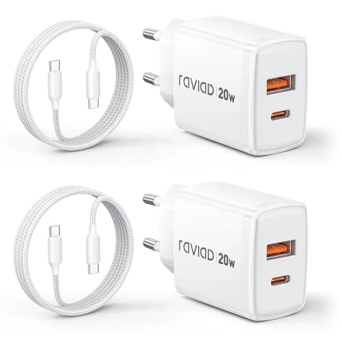 RAVIAD 20W Cargador USB C Carga Rapida 2Pack, 2Puerto Cargador y 2M Cable