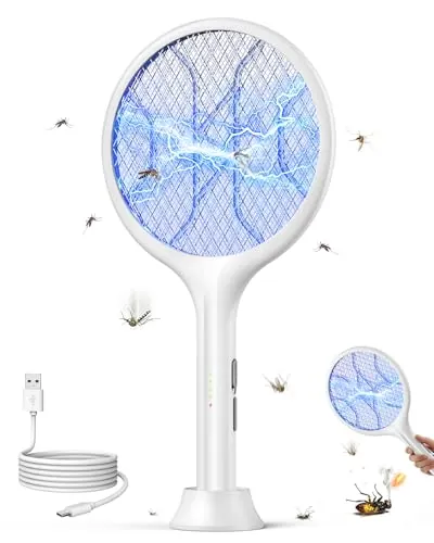 VIWAVE Raqueta Mosquitos Electrica 4000V, Matamoscas Electrico Recargable USB-C 1800mAh con Luz UV, Raqueta Antimosquitos 2 en 1 con Base Estable, Malla de Seguridad de 3 Capas, Blanco