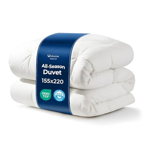 UNIKOME Edredón de Plumas y Plumón para Cama 80/90, 100% Algodón, Relleno Nórdico Plumón para 4 Estaciones, Diseño con Pliegue Pinzado, Certificado Oeko-Tex (Blanco, 155x220cm)
