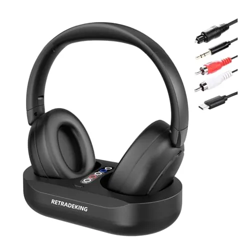 RETRADEKING Auriculares Inalámbricos para TV, Auriculares para TV con Base de Carga para Transmisor, Cascos Supraurales para TV para Personas Mayores, Cascos Bluetooth con 50 Horas de Duración, Negro