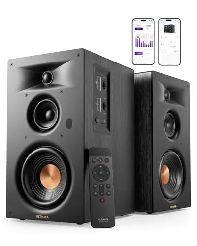 ULTIMEA 3-Way Powered Bookshelf Speakers, Pro-Level Audio, BS-3 | 70W RMS, Woofer 5,25", Ecualizador App, BT6.0, Monitores estudio inalámbricos, HDMI ARC/SUB, Óptico, USB, RCA, TV, Tocadiscos