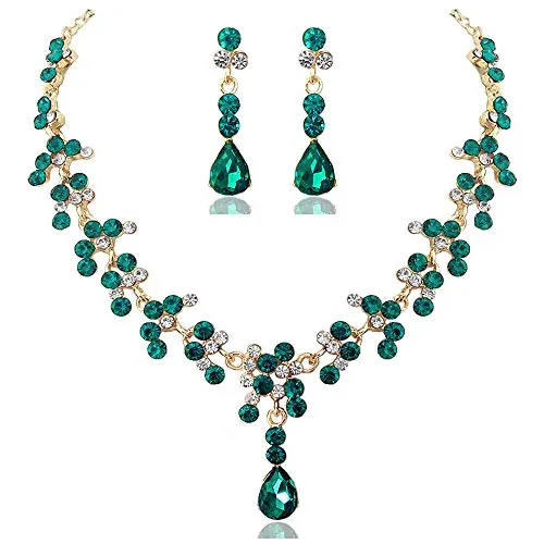 BSLVWG Lágrimas de cristal de la novia filigree Green Leaf Cluster collar colgante pendientes de la boda accesorios de vestuario para el baile de la novia