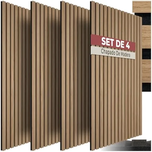 tectake® Paneles Acusticos Decorativos MDF, Chapa de Madera Real, Excelente Acústica, Tejido de Fieltro y Madera, Insonorización Acústica Pared - 4 Paneles Roble
