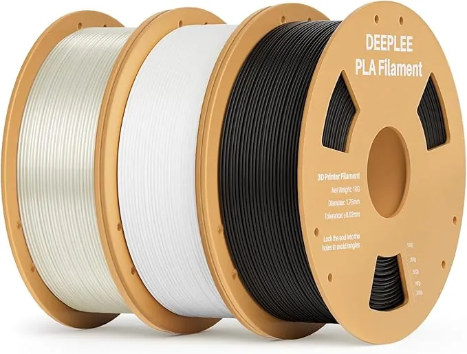 DEEPLEE Filamento PLA 1.75 mm, Kit 3 Bobinas Negro, Blanco y Translúcido (3kg). Precisión ±0.02 mm. Enrollado Perfecto, Sin Atascos. Compatible con Impresoras 3D FDM.