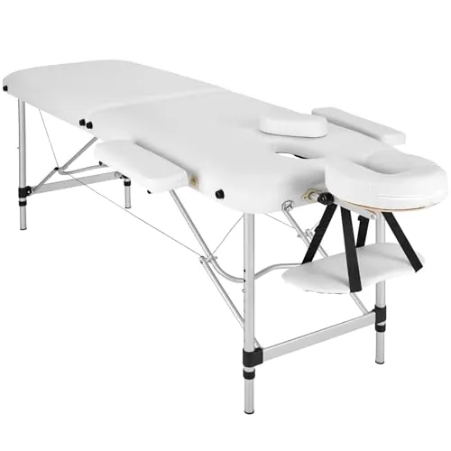 tectake® Camilla Masaje Plegable, Camilla Profesional Fisioterapia, Quiromasaje, Tatuajes, Reiki, Camilla Estética Profesional de Aluminio, Ajustable en Altura, 2 Zonas, con Bolsa Transporte - Blanco