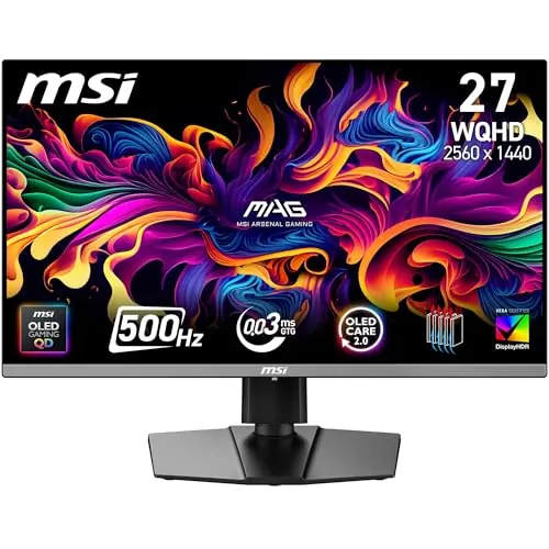 MSI mag 272QP QD-OLED X50 de 27 Pulgadas Monitor Gaming WQHD, Panel OLED Quantum Dot 2560 x 1440, 500 Hz, 0,03 ms, DisplayHDR True Black 500, AMD FreeSync Pro, HDMI 2.1, DP 1.4a, Negro