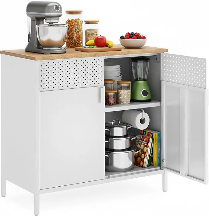 SONGMICS Armario de Almacenamiento, Aparador de Metal, Doble Puerta Magnética, Estante Ajustable, Marco de Acero, 40 x 80 x 76 cm, Beige Natural y Blanco LSC102W57