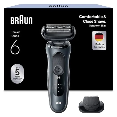 Braun Series 6 Afeitadora Eléctrica Hombre, Máquina de Afeitar Barba con Recortadora De Precisión, Uso En Seco y En Mojado, Recargable, Inalámbrica, 50 Min De Autonomía, 61-N1200s, Gris