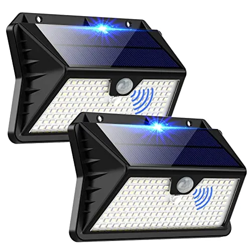 OUILA Luz Solar Exterior, 185 LED 3 Modos Luces Solares con Sensor Jardin de Movimiento, Foco Solar Exterior IP65 Impermeable para Jardín, Garaje, Calle, Patio, Puertas(2-Paquete Blanco Frío)