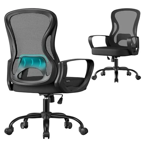 SONGMICS Silla de Oficina Ergonómica, Silla de Escritorio Giratoria de Malla con Soporte Lumbar, Reposabrazos, para Estudio y Dormitorio, Negro Tinta OBN043BH02