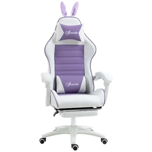 Vinsetto Silla Gaming Ergonómica Reclinable 135° Soporte Lumbar Púrpura | Silla Gamer Racing de Cuero PU, Altura Ajustable, Orejas Conejo, Reposacabezas, Reposapiés Retráctil, Oficina/Estudio