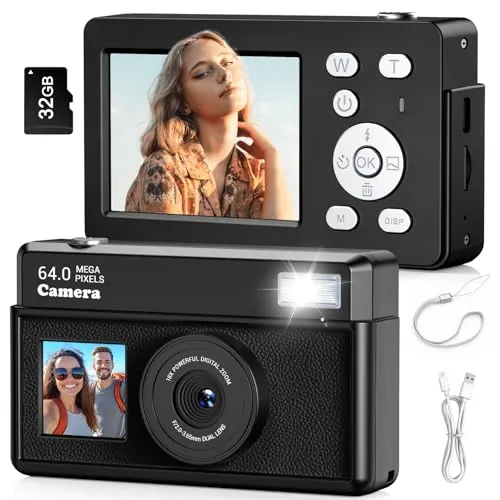 Teoryieer Cámara Digital, Cámara Compacta Digital 4K de 64 MP, Tarjeta de 32 GB, Antivibración, Zoom de 18 Aumentos, Cámara para Vlogs para Adolescentes y Adultos Principiantes (Cuero Negro)
