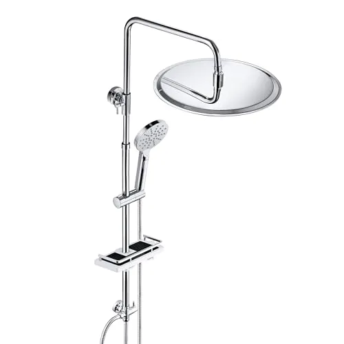 JOHO Columna de Ducha en Acero INOX sin Grifo Termostático, Conjunto ducha con Barra Ducha Altura Adjustable, Cabezal Ducha Lluvia 30 cm y Estante, Cromo