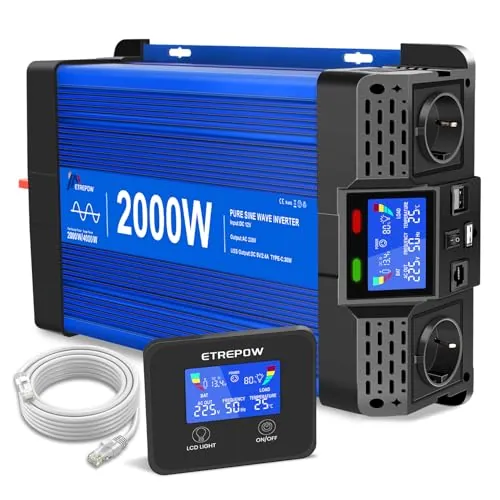 ETREPOW 2000W Inversor 12V 220V/230V Onda sinusoidal Pura con 2× LCD