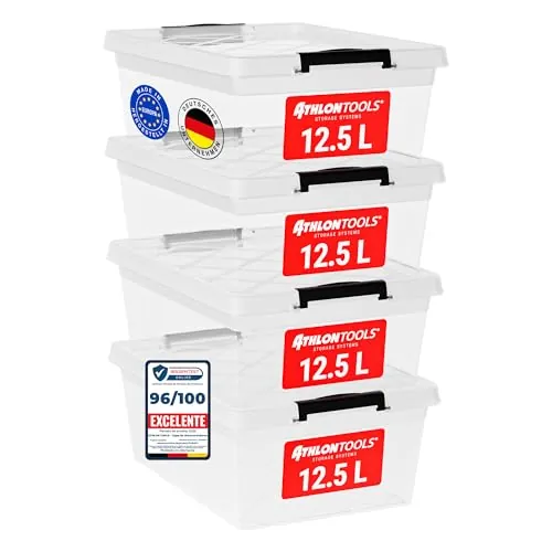 ATHLON TOOLS Cajas almacenaje plástico con tapa 4x12,5L, apilables | Cajas de plástico con tapa y clips, cajas de almacenamiento apilables, transparentes, aptas para alimentos, set de 4