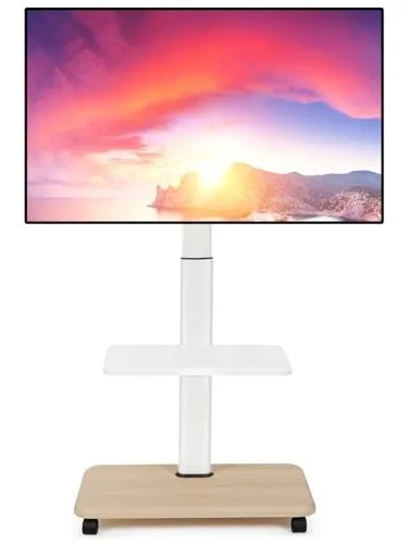 Soporte de TV Rodante Móvil para Televisores de 32-70 Pulgadas Planos/Curvos LED/LCD/OLED Altura Ajustable Soporte Portátil con Ruedas hasta 100lbs con Estante para Laptop y DVD para Exterior Blanco