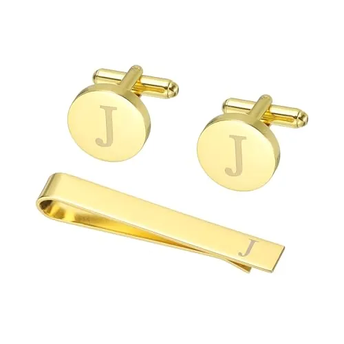 PATIKIL Gemelos Para Hombre, Clip De Corbata Con Inicial Y Juego De Gemelos Para Hombre Clásicos De Cobre Personalizados Y Barra De Corbata, Letra J (Tono Dorado)